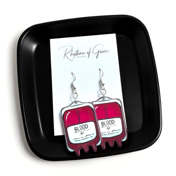 Blood Bag Dangle Earrings - Quirky & Unique Statement Jewelry for Medical Staff - Picture 1 of 9